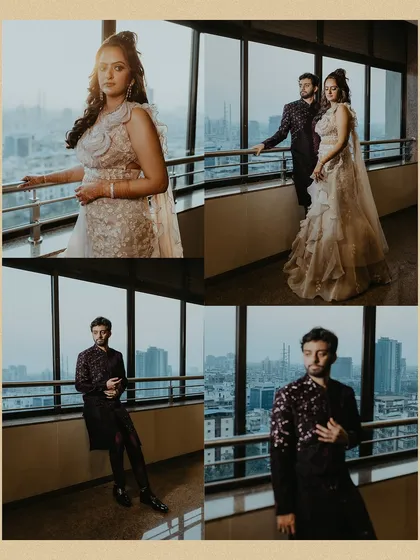 A collage of portraits of the couple on a balcony with a cityscape view, capturing both individual and together shots.