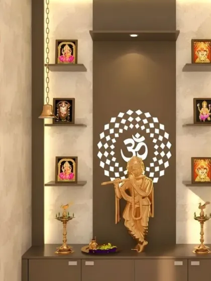 In this design, a backlit geometric Om pattern provides a modern spiritual symbol. The light draws attention to the central Krishna idol, while shelves on either side are perfect for displaying a collection of smaller deities.