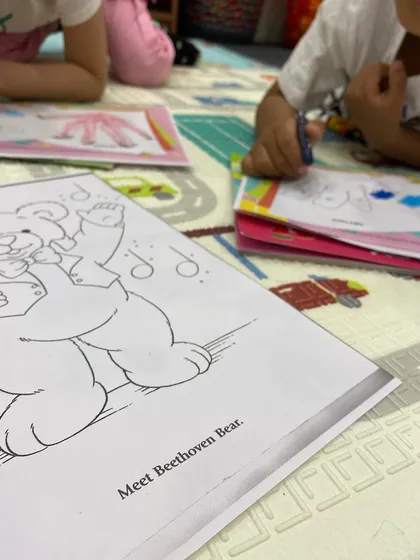 Meet Beethoven Bear, our musical mascot! Coloring pages like this are part of our creative sessions, making music theory and history approachable and fun for our youngest learners.