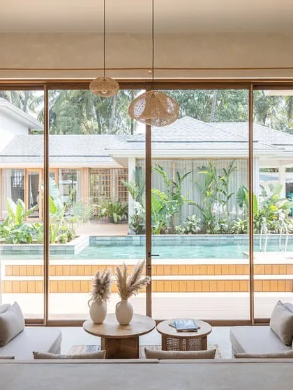 From this perspective, the sunken living room in the House of Basho looks directly out onto the pool and landscape. This direct visual link is key to our philosophy of blurring the lines between interior and exterior environments.