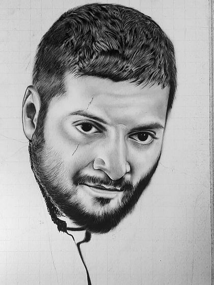 The 90-hour process of creating the Guddu Pandit portrait. These images show the careful layering of charcoal and graphite to achieve the intense, gritty look.