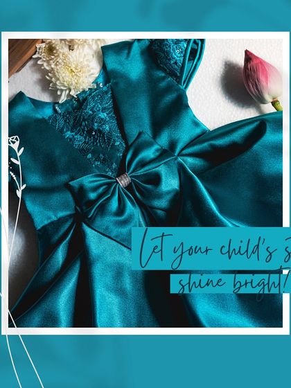A graphic featuring my peacock blue satin dress, encouraging customers to let their child's style shine. Every dress is designed to build confidence.