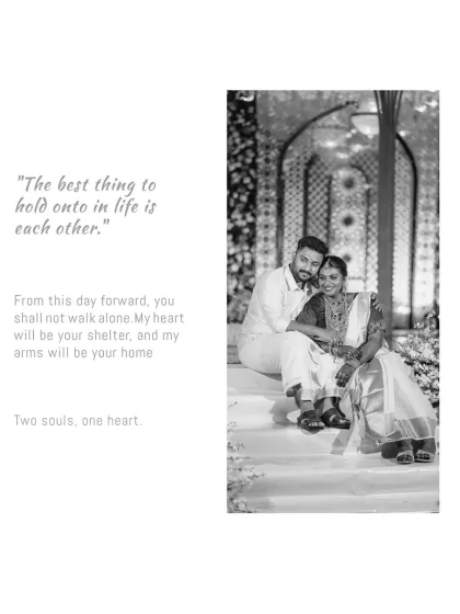 A timeless black and white portrait of the couple, capturing the promise of a shared future. "From this day forward, you shall not walk alone."