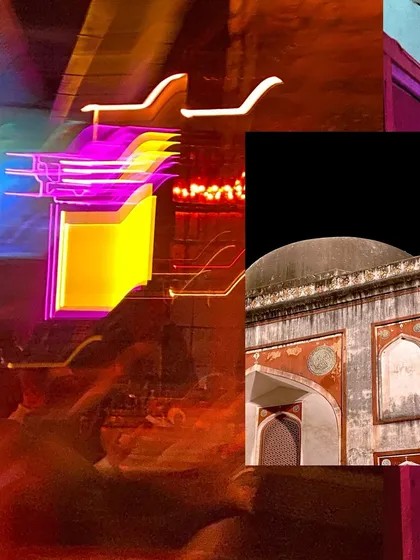 A collage blending the ancient stone architecture of Hauz Khas with the vibrant, blurry neon lights of the nearby bars.