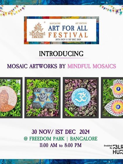 Mindful Mosaics creates stunning artworks that blend spirituality and intricate design. At our festivals, you can explore their pieces and see how they bring symbols like 'Om' and the Hamsa to life with mosaic.