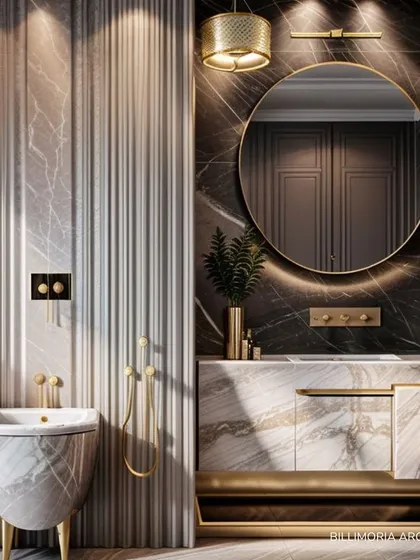 We believe bathrooms should be personal sanctuaries. This design uses dramatic marble for the walls and vanity, complemented by warm, gold-toned fixtures and ambient backlighting to create a spa-like experience at home.