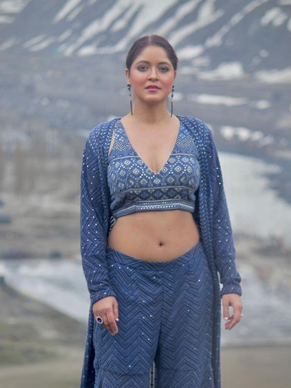 The full look of the blue co-ord set, a great rental choice for a sangeet or cocktail party.