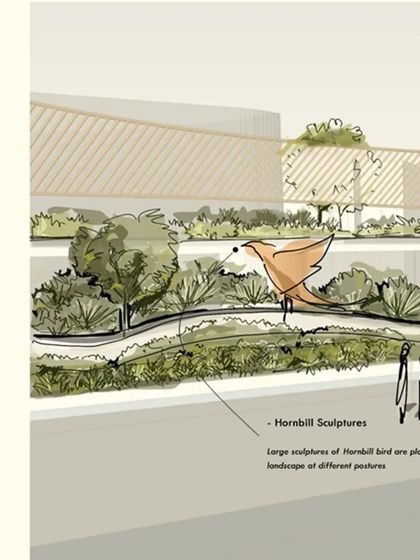 Early sketches for the entrance landscape at CIAL. These drawings explore the idea of a 'ribbon' canopy that ties the space together and the placement of Hornbill bird sculptures, which are key elements of the final design.