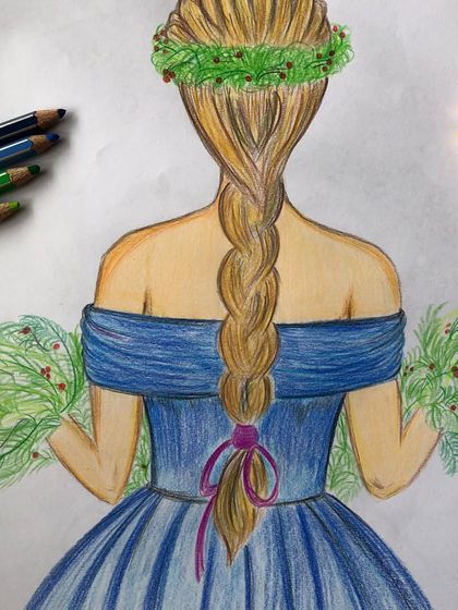 This is another angle of the colored pencil drawing, showing the careful shading used on the blue dress and the delicate details in the leafy crown. It’s a great example of the portrait skills we practice.