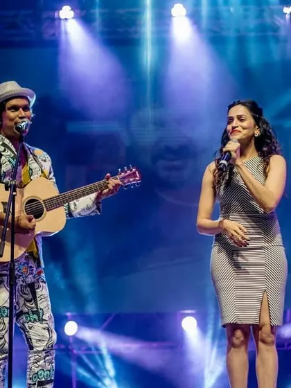 Performing an acoustic number on stage with my soul sister, Vasudha. We can switch from high-energy bangers to soulful melodies in a heartbeat.