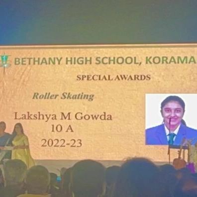 Lakshya M Gowda receiving a special award for her contribution to roller skating from Bethany High School. We are incredibly proud of her.