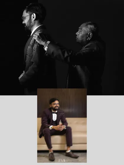 A touching black and white photo of a father helping his son with his suit, paired with a stylish portrait of the groom.