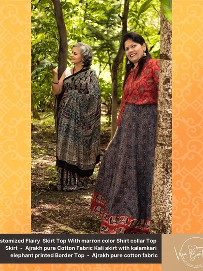 Another beautiful photo showcasing our custom Ajrakh skirt and top alongside a classic Ajrakh saree. It highlights the versatility of our collection.
