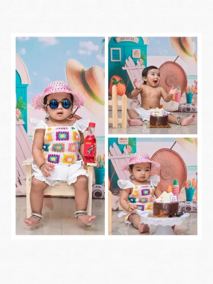 A three-photo collage capturing the fun of a beach-themed birthday. It shows the cool, posed shot with sunglasses, a candid moment with the cake, and the pure excitement of the celebration.