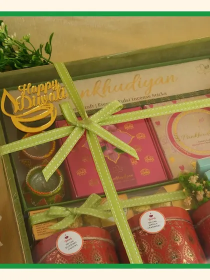 Green for growth and prosperity. Our green-themed hampers for Navratri and Diwali are filled with a mix of traditional and modern treats.