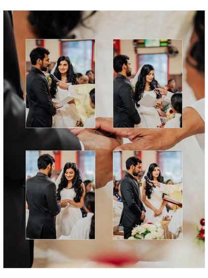 A creative collage of the couple exchanging vows, seen from the perspective of a guest. This framing makes the viewer feel like they are part of the ceremony.