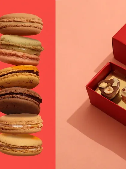 A playful and graphic approach to showcasing macarons. Stacking them vertically against a bold, two-toned background creates a modern and eye-catching image that highlights the different flavors.