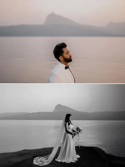 A diptych of Himanshu and Anushka in individual portraits against a hazy, romantic lakeside at dusk. The soft focus and moody lighting create a serene and thoughtful atmosphere.