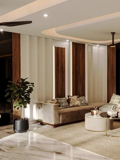 The curved wall with alternating fluted and wood panels adds a sense of movement and sophistication, complemented by the rich marble flooring.