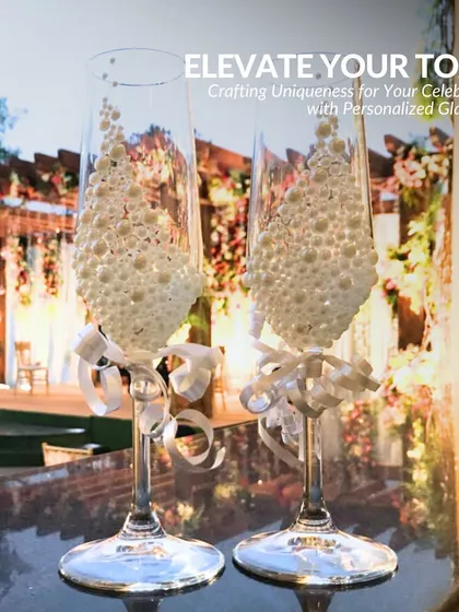 For a truly luxurious touch, we offer custom-decorated champagne flutes, like these adorned with pearls.