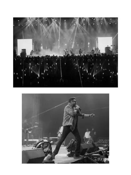 The grandeur of a live concert at a wedding. These black and white shots focus on the scale of the performance and the energy of the crowd, creating a rockstar atmosphere.