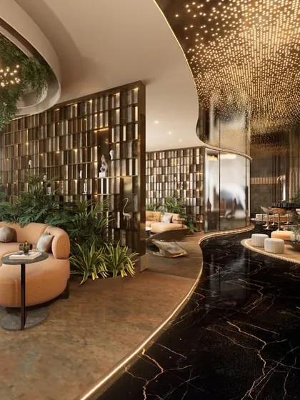A render of the initial concept for the Midas Lounge, envisioned as a "party-pad" office. This view highlights the dramatic fiber-optic ceiling and the seamless flow between different lounge zones.