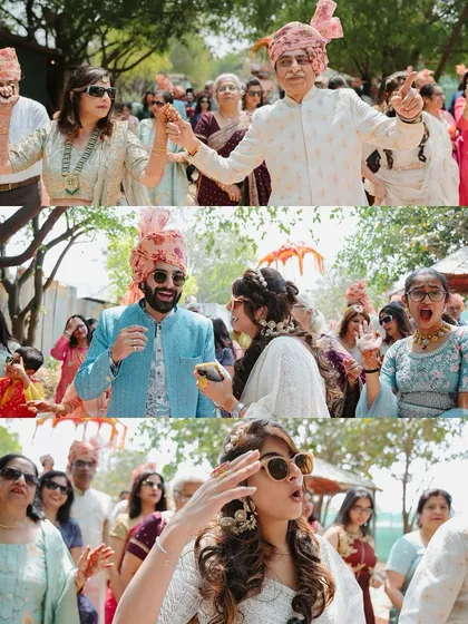 A collage of candid moments from the Baraat, the groom's wedding procession. It captures the dancing, energy, and celebratory spirit of the groom's family and friends.