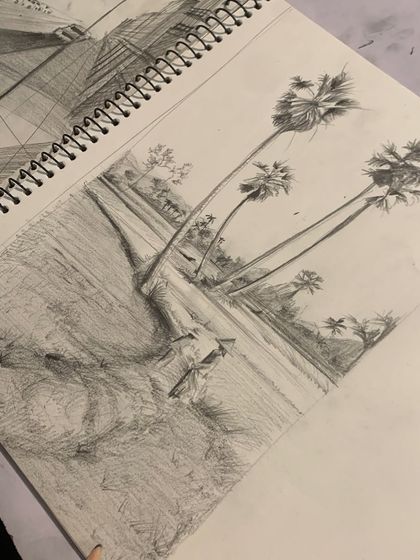 A detailed landscape sketch created by a student. This piece demonstrates the application of foundational skills like texturing and perspective to create a complex scene.