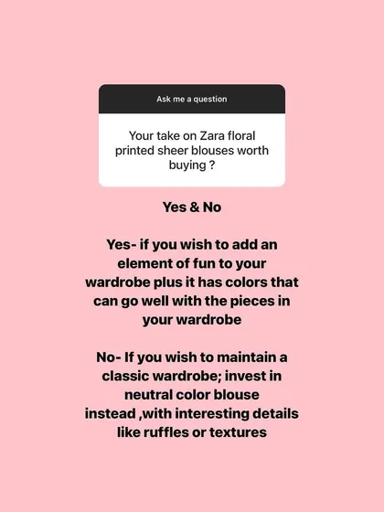 A client asked if Zara's floral sheer blouses are worth buying. My answer is yes and no. It depends on your personal style goals, whether you want to add a fun element or maintain a classic, timeless wardrobe.