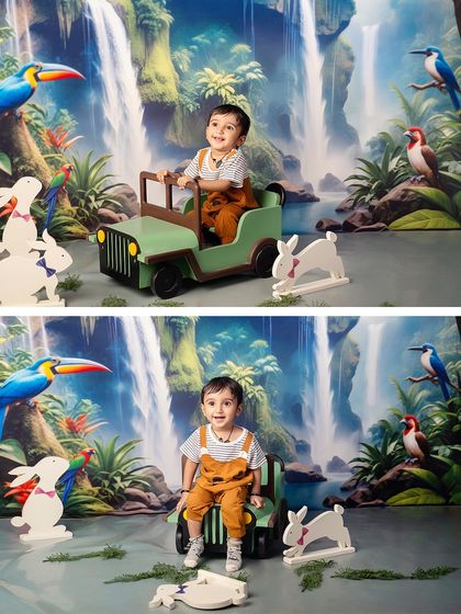 Step into the wild with our Jungle Safari backdrop. This collage shows a little explorer enjoying his adventure, both driving and sitting on his jeep.