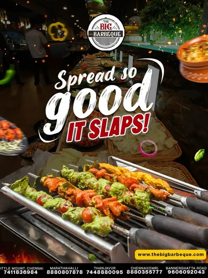 A spread so good, it slaps. Our grills feature a variety of options, including these delicious green-marinated chicken and paneer skewers, ready to be devoured.