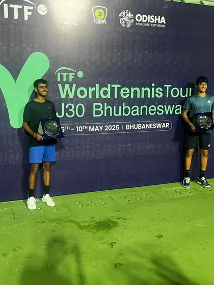 The official prize ceremony at the ITF J30 World Tennis Tour event. Om Verma and his partner are recognized for their dominant performance in the doubles category.