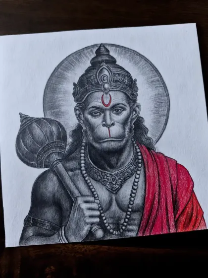 A portrait of Lord Hanuman, showcasing his strength and devotion. The sketch is done with pencil, focusing on the powerful expression and muscular form, with a red shawl added for a touch of color.