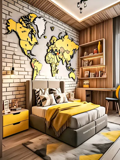 For the aspiring world traveler, this room features a stunning 3D world map as the centerpiece. The sophisticated color palette, exposed brick texture, and dedicated study corner make it a space that can grow with your child from their early years into their teens.