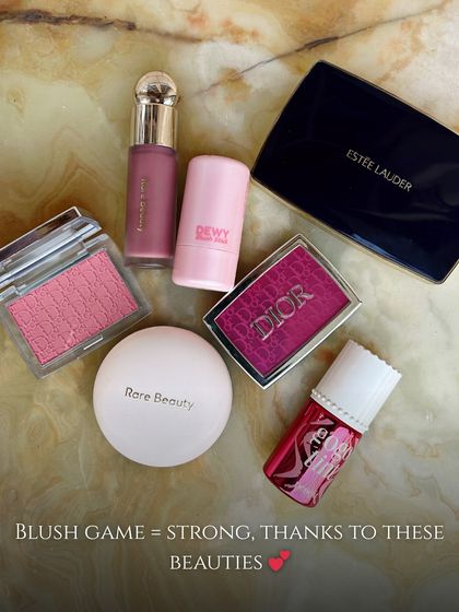 My blush game is strong thanks to these beauties. A collection of my favorite powder and liquid blushes from Rare Beauty, Dior, and Estée Lauder.