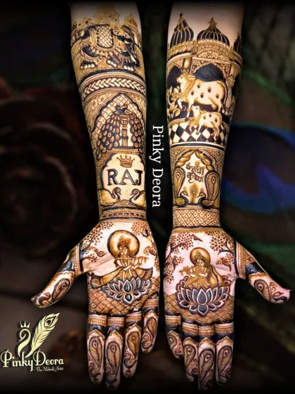 For a bride whose faith is her foundation, I created this complete Shreenathji-themed bridal design. It features the deity on both hands, with scenes from Nathdwara, sacred cows, and the groom's name, Raj, inscribed with blessings. This is where devotion meets design.