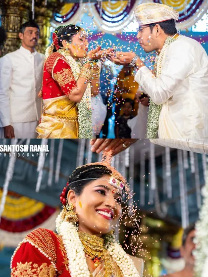 The pure joy of a wedding ritual captured in a candid moment. This shot freezes the laughter and happiness as the couple participates in the akshata ceremony, showcasing the real, unposed emotions we strive to capture.