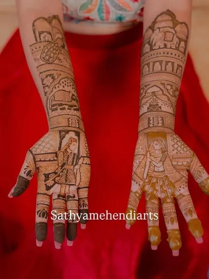 Your bridal mehendi can be a canvas for your most cherished places and memories. This design features architectural details from London, telling a story of a life and love that spans across cities, all drawn with organic henna.