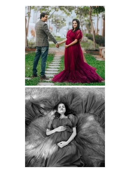 A creative diptych with a walking portrait and an artistic overhead shot of the mother-to-be lying down, her dress spread out like a flower.
