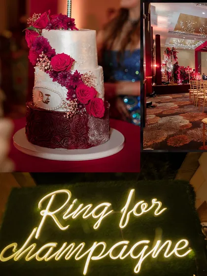 The reception included fun touches like a 'Ring for Champagne' neon sign and a stunning floral and burgundy wedding cake.
