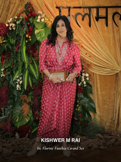 Kishwer M Rai looking chic in the Florine Fuschia Co-ord Set. This modern take on festive wear is perfect for a cocktail party.