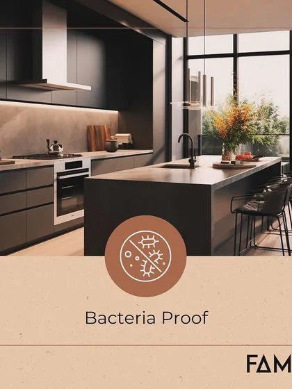 A healthy home is a happy home. This sleek, dark kitchen is built with bacteria-proof M-Core surfaces, providing a hygienic space for food preparation and family gatherings.