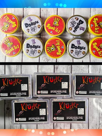 A look at the games included in the hamper: the popular card game Spot It and the magnetic challenge game, Kluster.