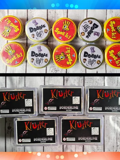 A look at the games included in the hamper: the popular card game Spot It and the magnetic challenge game, Kluster.