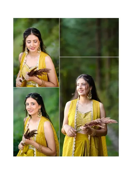 A collage of close-up portraits of a bride from her Mehandi shoot, highlighting her natural beauty and the serene forest setting.
