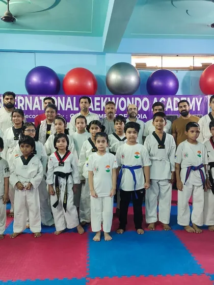 This is our Taekwondo family. A group photo of my dedicated students, from young children to adults, all training together at the Indo International Taekwondo Academy.