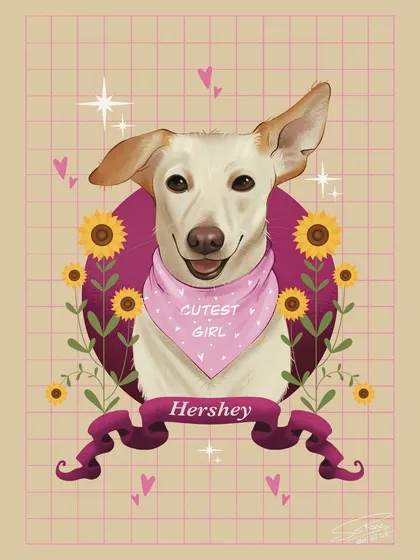 Meet the adorable Hershey. For this digital illustration, I focused on her happy expression, using a warm color palette with sunflowers and a custom banner to match her sunny personality. This style is perfect for a cheerful, modern pet tribute.