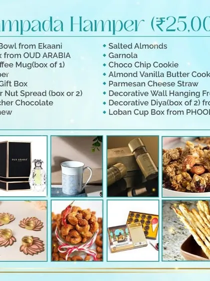 Here are the contents of the 'Sampada Hamper'. This selection includes a mix of our baked goods, gourmet nuts, and premium gift items like mugs and fragrances.