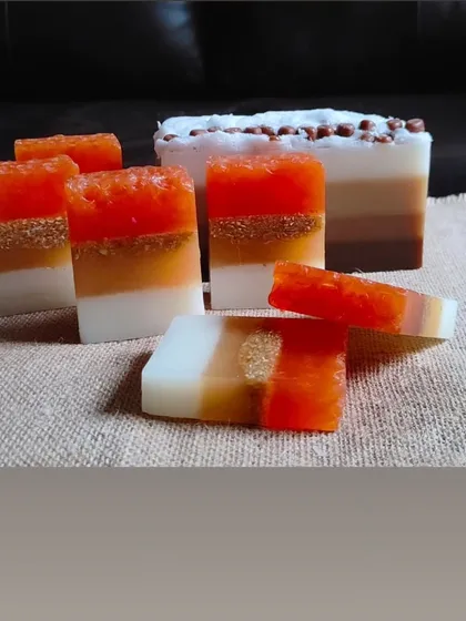 Another shot of the honey oat milk and coffee soap bars, showing the beautiful layers.