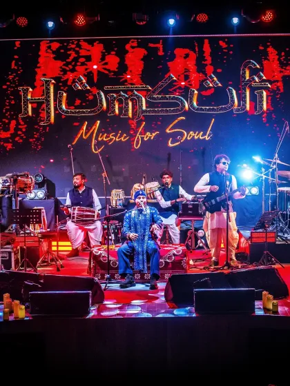 The full band on stage for 'Sukoon.' We created a special set that blended the energy of Sufi with the peaceful devotion of Bhajans.